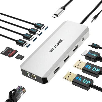 12-In-1 Laptop Docking Station & (2-In-1 Card Reader), USB C Hub Triple Display Multi Port Adapter With 4K HDMI Expansion, 100W PD, 5Gbps USB 3.0, USB 2.0, RJ45, SD/TF Slot, Audio/Microphone, Compatible With Macbook Neo/Projector/Computer/Tablet/Phone