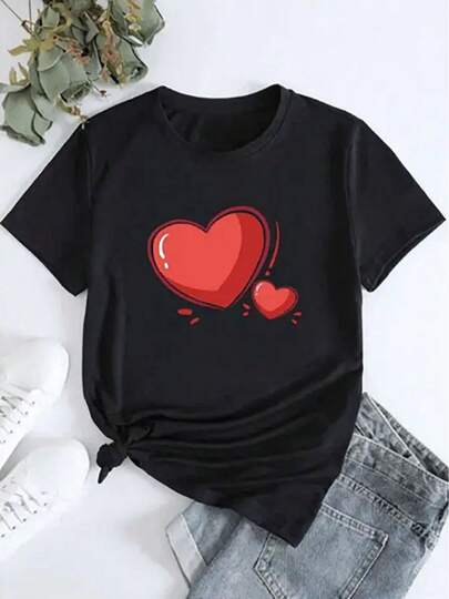 Camiseta de Mujer con Estampado de Dos Corazones, Suave y Cómoda, de Manga Corta, Cuello Redondo Holgado, de Algodón Puro