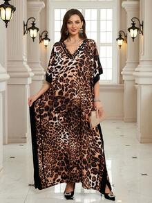 Damen bedrucktes Kaftan-Kleid, V-Ausschnitt Fledermausärmel Boho-Stil Strandkleid, lockerer Schnitt Loungewear, Große Größen langes Kleid, Café Abendkleid, Urlaubskleid - Verschiedenfarbig - Übersicht 6
