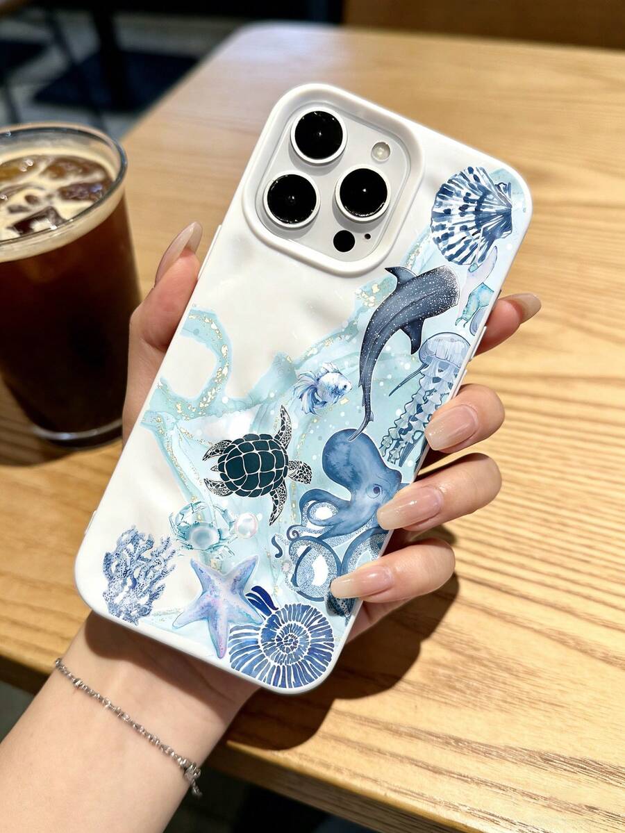 1 pieza Compatible con iPhone 17/16 Pro Max/15 Plus/14 Pro, Fresco y Curativo, TPU arrugado, Funda de teléfono, Estilo océano Ins, Impresión de criaturas azules submarinas, Cobertura completa a prueba de golpes, Recortes precisos - Blanco - Ver 1