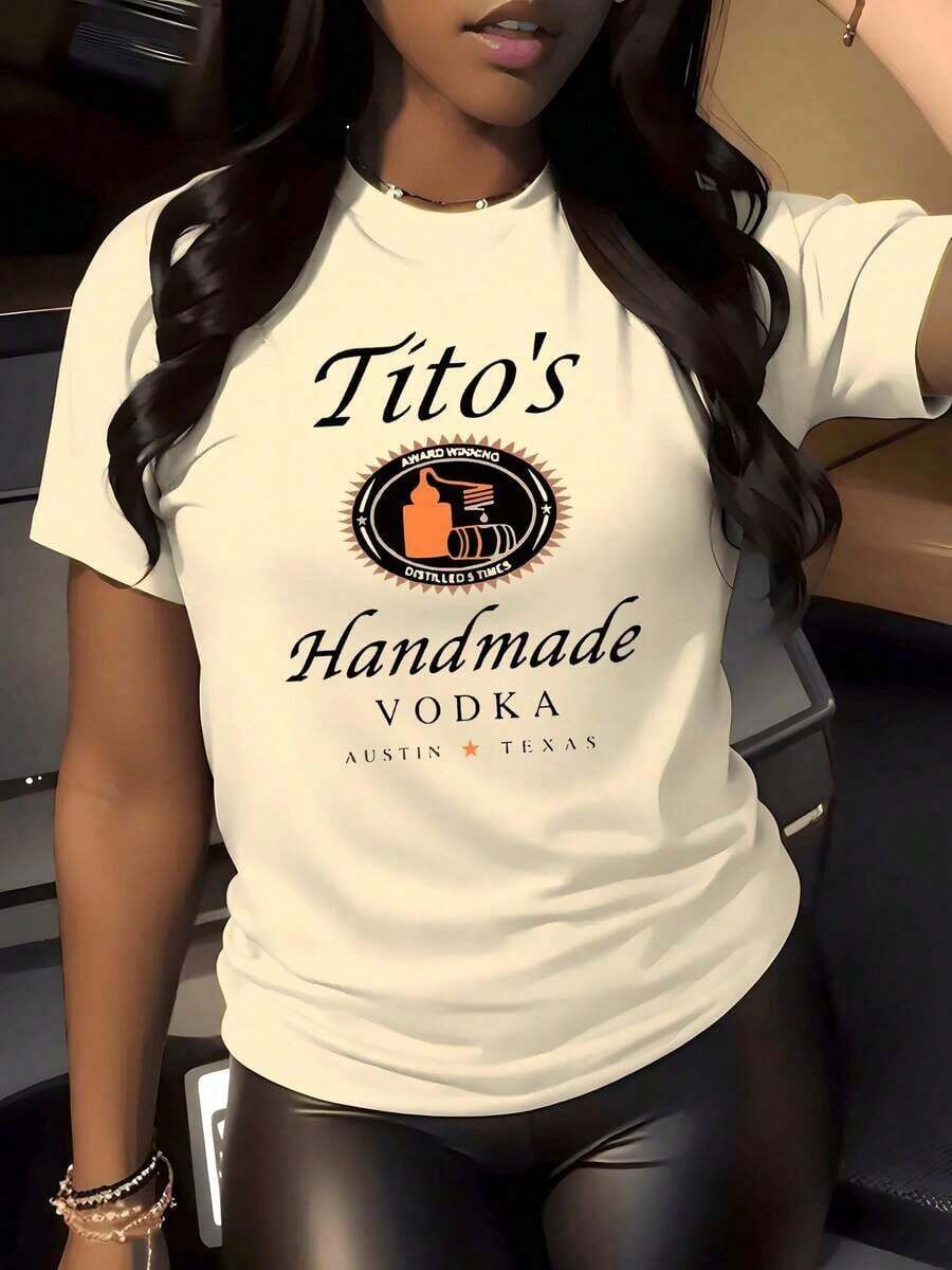 Summer Tops 1pcs Vintage Liquor Bottle Graphic Print T Shirt 220g Retro Distillery Theme Women's Casual Round Neck 100% Cotton Tee Street Style Summer Clothes - 杏色 - 查看 1
