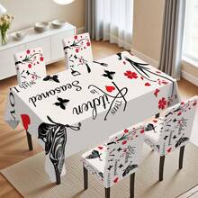1/4/6/36pcs Set, Retro Black & White Floral Pattern & Text Decorative Series, Elastic Tablecloth & Chair Cover Combo, Suitable For Home, Kitchen, Party, Holiday Decor, Indoor/Outdoor Dining Table & Chair Decoration, Multi-Occasion All Season - Multicolor - View 16
