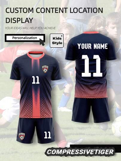 2pcs/Set Personalized Football Jersey For Boys - Customizable Name & Number Print Striped Decor Short Sleeve T-Shirt + Shorts Set, Quick-Dry Sports Outfit, Ideal Gift, Multifunctional, Decorative, Letter Print, Fashionable, Modern, Colorful, Cute, Casual, Customizable, Personalized, Unique, Customized Gift For Son, Daughter