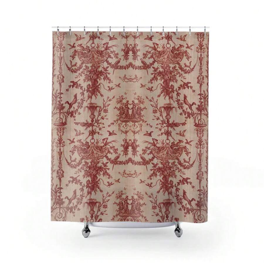 Antique 1789 French Toile Shower Curtain | Vintage Red Floral Damask RM42 - A - Xem 1