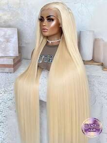 24英寸 613# 金色直发蕾丝前假发，200% 密度 13x4 蕾丝前假发，自然发际线带婴儿发，骨白色直发蕾丝前假发，预先拔毛发际线，短款深棕色波波头直发蕾丝前假发 - S613 - 查看 1