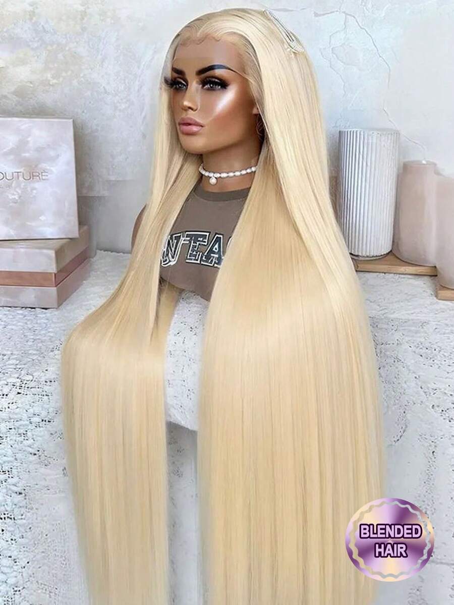 24英寸 613# 金色直发蕾丝前假发，200% 密度 13x4 蕾丝前假发，自然发际线带婴儿发，骨白色直发蕾丝前假发，预先拔毛发际线，短款深棕色波波头直发蕾丝前假发 - S613 - 查看 1