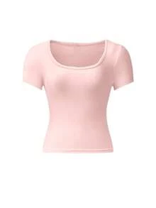 2件装女士U领短袖T恤，夏季时尚纯色休闲修身露脐上衣 - 彩色 - 查看 5