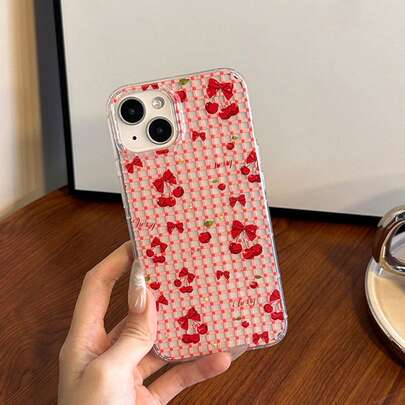 1pc Red Plaid Bow & Cherry Vibrant Phone Case, Compatible With IPhone 11 12 13 14 15 16 17 Pro Max Series