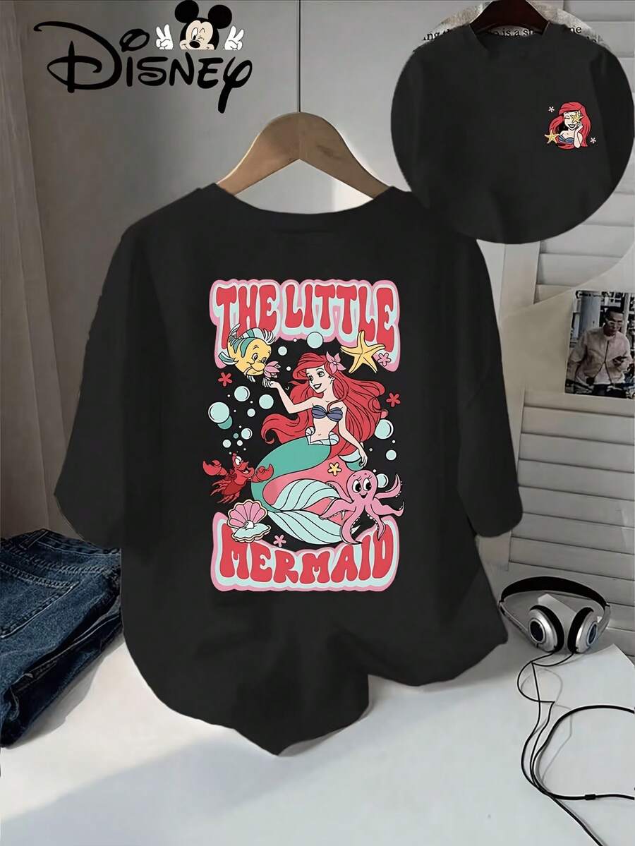 The Authentic Disney Little Mermaid Themed Design Includes Ariel, A Red Haired Mermaid, Marine Creatures, And Dreamy Text. Disney's Summer New Short Sleeved T-Shirt Top For Women's Casual Fashion Printed T-Shirt For Women, Disney Shirt, Disney Shirts, Summer Outfits For Women, Spring Outfits For Women, Officially Licensed Disney T-Shirts, Disney Men's And Women's Spring/Summer Fashion Casual Short-Sleeve T-Shirts - Black - View 1