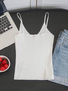 Women's Elegant Casual Sweet Pure Desire Street Style White Knit Sleeveless V-Neck Fitted Tank Top - 2026 Spring Summer Korean Minimalist Casual Undershirt - Milky White - View 10