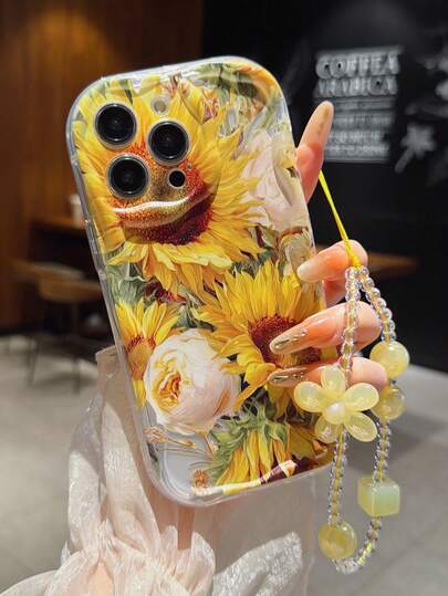 Vintage Sunflower Oil Painting Style Shockproof Protective Case Compatible With IPhone 14 Pro Max, 13/12/11/Pro Max, 15 Pro Max, XR/XS Max/XS, 7/8, 16/16 Pro Max, 13 Pro Max, 17/17 Air/17 Pro Max, 12 Mini, Fashion Gift With Floral Lanyard