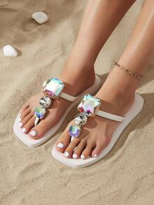 Original Design Fashionable Luxury Large Glass Square Toe Thong Sandals, Flip Flops, Soft Bottom Beach Holiday Shoes, Detachable Decorative Chain, New Summer Collection - White - View 4