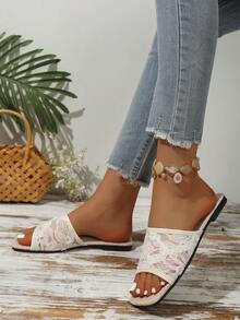 Neue Sommer Flache Pantoffeln für Damen, rutschfeste Mode Zehentrenner Sandalen, Strand Flip Flops, weiche atmungsaktive Mesh Slides mit Sohle, einfarbige Boho gewebte flache Sandalen - Weiss - Übersicht 3