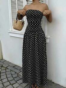 Women's Pink Polka Dot Print Ruffle Hem Strapless Dress, Suitable For Vacation, Spring Fashion, Wedding Guest Attire, Birthday Party, Outdoor Wear ,Summer Dress Polka Dot Dress Women Strapless Maxi Dress Women Women Vacation Dress Long Dress Summer - 黑色 - 查看 6