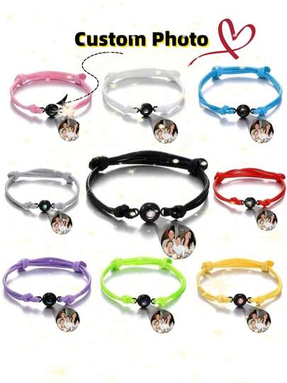 Pulsera de acero inoxidable con proyección de foto personalizada, cuentas de proyección circular, color tejido ajustable