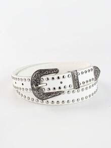 1 pieza Cinturón de cuero negro estilo vaquero americano retro para hombre, hebilla con remaches plateados en relieve de doble hilera y acabado envejecido, ideal para ropa urbana, conciertos, festivales, uso diario y como regalo. - Puntos - Ver 12