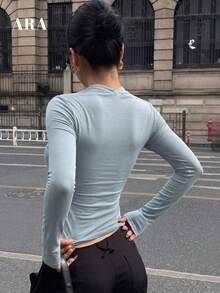 ARA CHIC Women's Light Blue 2-In-1 Square Neck Ruched Waist Fitted Sexy Blouse, Suitable For Work, Dates And Vacation, New Spring/Summer Collection - Blue - View 5