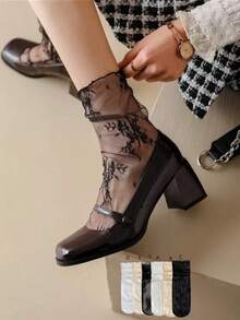 1/3 Pairs Floral Lace Ruffle Socks. Ultra-Thin Sheer Women's Mid-Calf Socks. Decorative Socks To Pair With Leather Shoes And Sandals In Spring/Summer. Soft Mesh Socks. Sweet Socks. Backless Socks - Multicolor - View 7