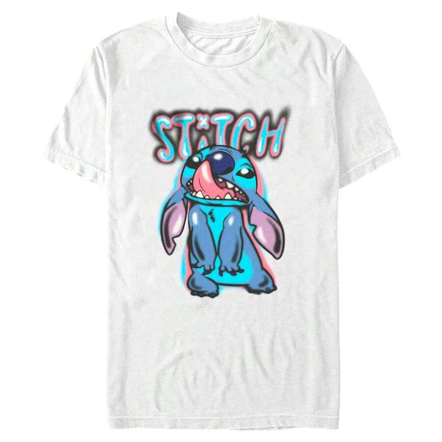 Disney Printed T-Shirt,Stitch ''Airbrushed'' T-Shirt For Adults – Lilo & Stitch,Men's Disney Mickey Minnie Donald Goofy Pluto Castle Fireworks 2026 Printed Pattern T-Shirts , Unisex,High-Quality Pure Cotton T-Shirt,Suitable For All Seasons, Comfortable And Breathable| Exquisite Design | The Best Choice For Giving Gifts - 白色 - 查看 1