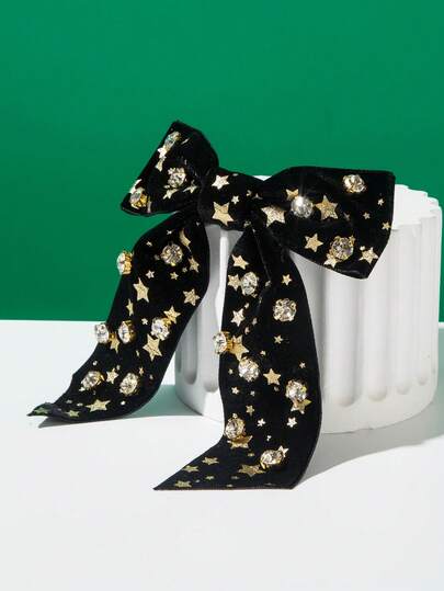 1pc Black & Star Element Bow Knot Spring Clip Hair Clip, Creative Versatile Gold Star Gemstone Decor Cute Sweet Women Half-Up Hair Clip, Elegant Accessory