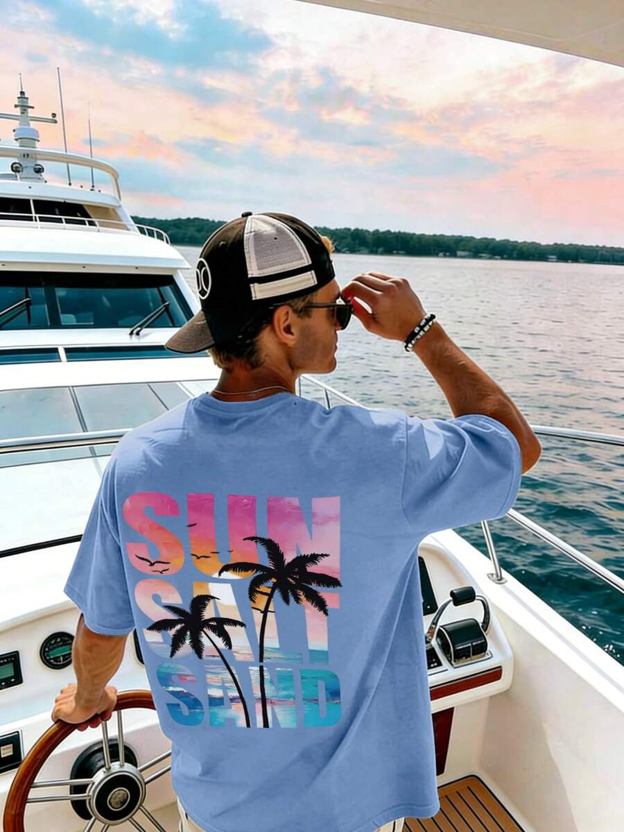 Men's Beach Vacation Style Coconut Tree & Letter Print Short Sleeve T-Shirt - Dusty Blue - View 1
