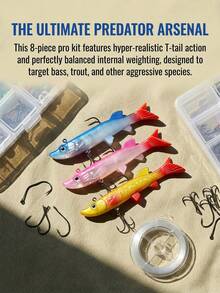 GOTURE 8pcs Dogfish Second-Generation Large T-Tail Lead Soft Bait, Biomimetic Soft Fish Lure, T-Shaped Tail Design, Stable Long-Range Large Disturbance, 3D Simulated Fish Eye, Suitable For Seawater And Freshwater, Suitable For Trout And Black Bass - Multicolor - View 4