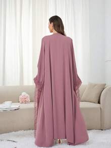 1 Set Hijab + Open Abaya Islamic Mid-Length Dress, Turkish Dubai Abaya Robe With Headscarf, Suitable For Women's Daily Wear Spring - Multicolor - View 4