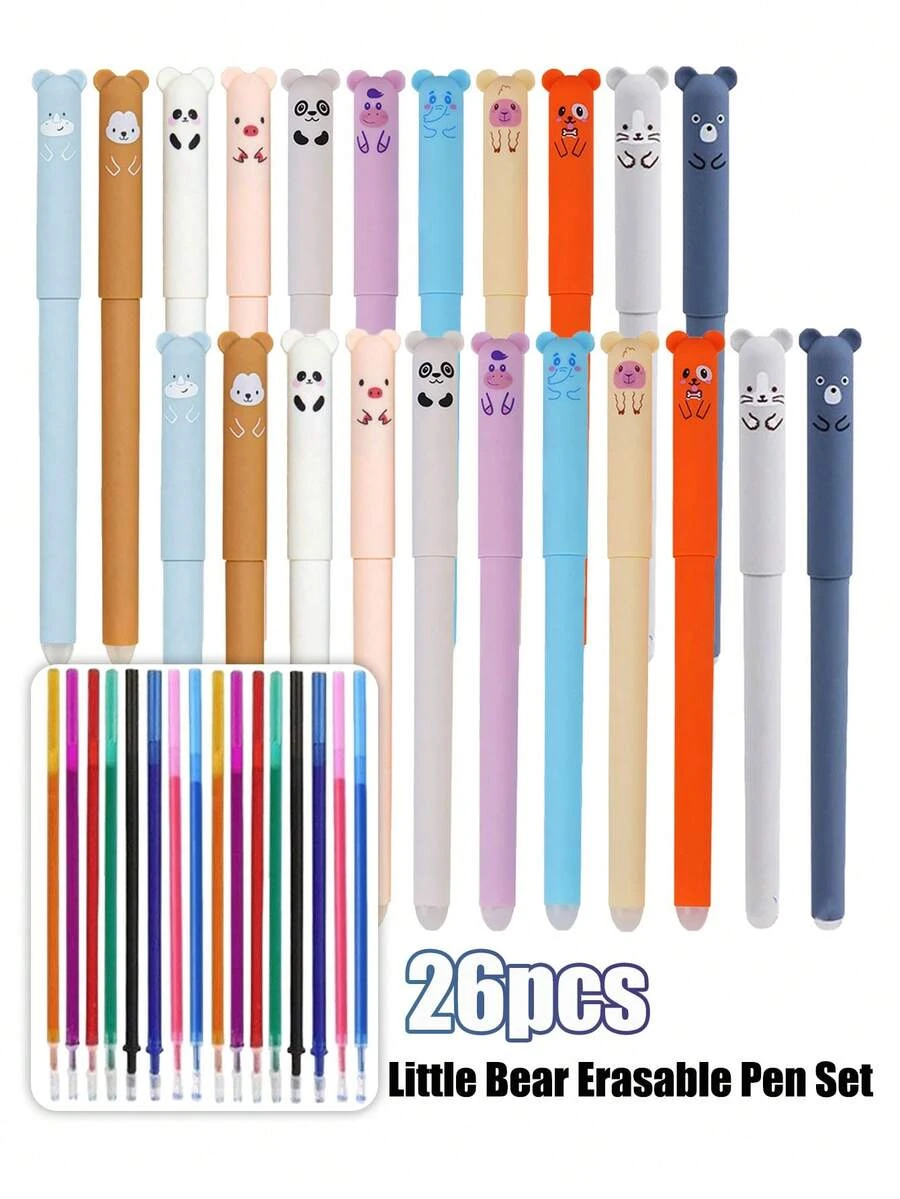 26pcs Bear Shaped Erasable Pens Set, Assorted Styles, 6pcs Pens + 20pcs Refills, 0.5mm Fine Tip, Colorful Ink, Built-In Eraser, Ideal For Note-Taking, Writing, Office & School Supplies, Great Gift - Multicolor - View 1