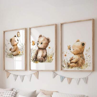 3pcs Canvas Wall Art Set, Teddy Bear Theme Children's Room Wall Decor, Minimalist Bohemian Style Kids Room Wall Art, Neutral Color Cartoon Animal Poster, Suitable For Nursery, Bathroom, Playroom