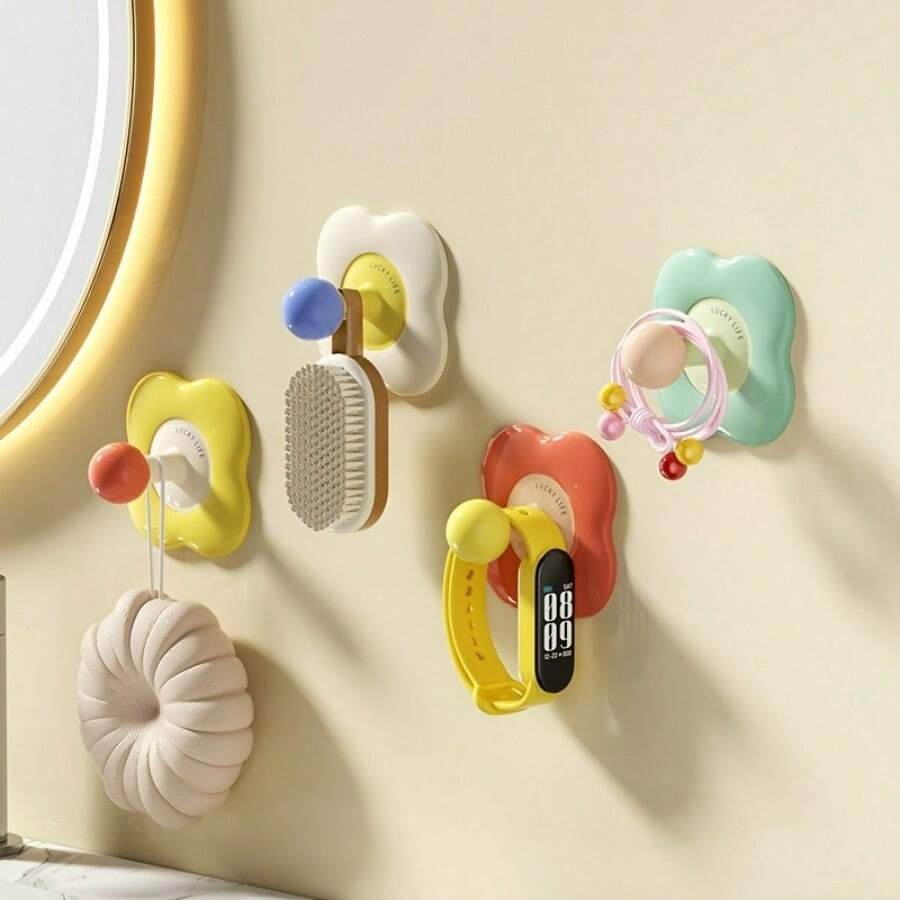 4pcs Dopamine Flower No Drill Hooks, Suitable For Entryway Key Holder, Bathroom Towel Rack, Heavy Coat Hooks (INS Style, Multi-Scene Use), Practical Hooks