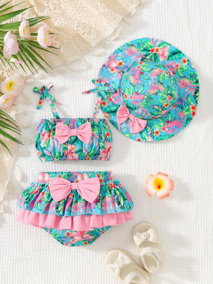 Set de 3 piezas de camiseta de tirantes, bralette y pantaleta con estampado a cuadros lindo y casual para bebé/niña pequeña con gorro - Multicolor - Ver 1