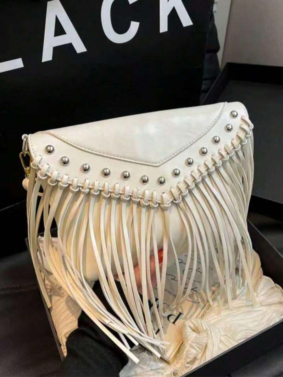 Retro Leather Crossbody Bag, Bohemian Shoulder Bag, Fringed Studded Cross-Body Square Bag, Casual Messenger Bag For Travel And Everyday Use, Portable Business Crossbody Bag, Small Clutch. - 白色 - 查看 1