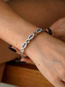 RAYQUEEN 1 pieza Brazalete chapado en oro de 18K con rhinestones SENLANSP, elegante y urbano con diseño de ojo malvado - 1 pieza Brazalete de acero inoxidable chapado en oro de 18K con rhinestones para mujer, ideal para bodas, fiestas y regalos - pulsera - Ver 3