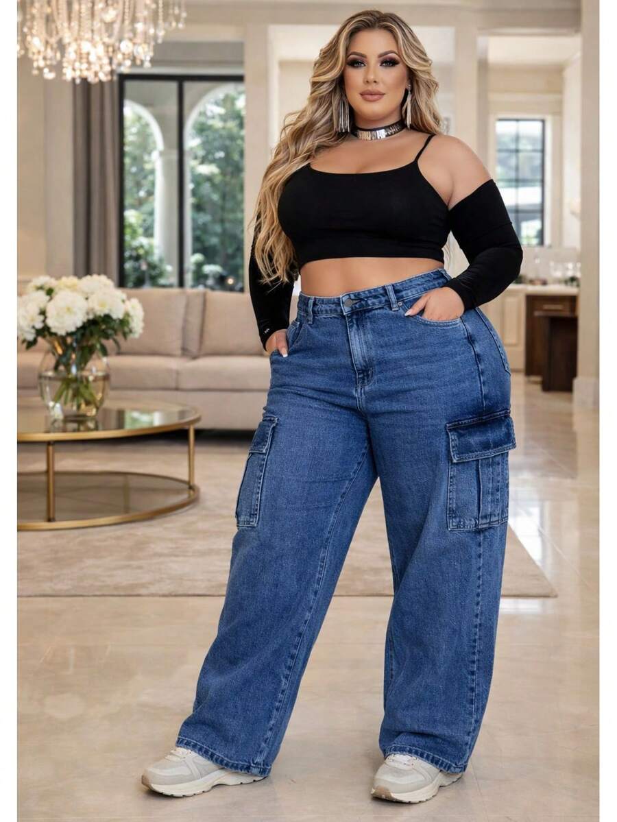 Plus Size Wide Leg Cargo Jeans With Elastane - 中等水洗藍 - 查看 1