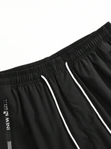 1pc Men's Black Lightweight Breathable Shorts, Men's Beach Shorts With Side Pockets, Letter Print, Drawstring Waist, Casual Vacation Style, Machine Washable, Soft Skin-Friendly Fabric, Summer Daily Beach Wear - Black - View 6