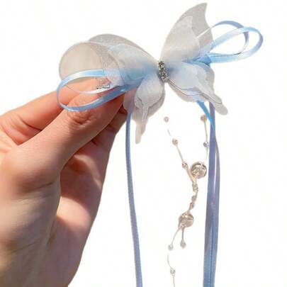 1 chiếc kẹp tóc ruy băng, kiểu Pháp cổ điển, kẹp tóc hình bướm đính ngọc trai và tua rua, phụ kiện tóc dễ thương kiểu vũ công ba lê dành cho nữ.