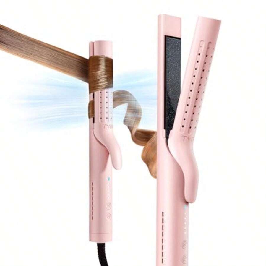 TYMO - Rizador de flujo de aire para rizos duraderos alisador y rizador de pelo plano 2 en v de rizador iónico anticaldo .25 pulgadas aire frío de 360° 5 temperaturas y doble voltaje para - Rosado - Ver 1