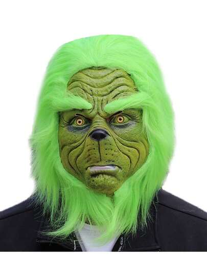 1个新款趣味绿色毛绒怪兽乳胶面具，角色扮演恶作剧恐怖吓人头饰