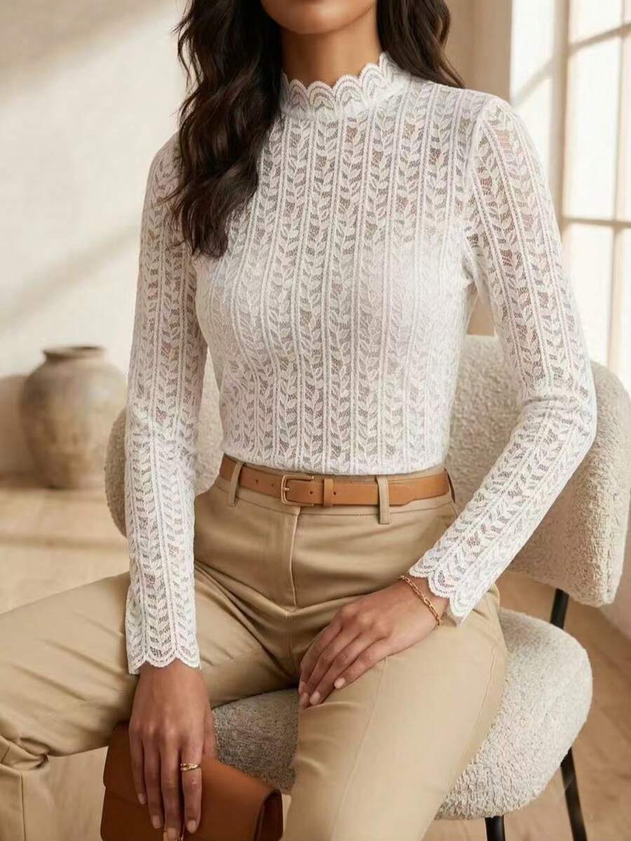 Women's Elegant Long-Sleeved Lace Blouse With High Neck – Sophisticated Casual Chic Style - BRANCO - 查看 1