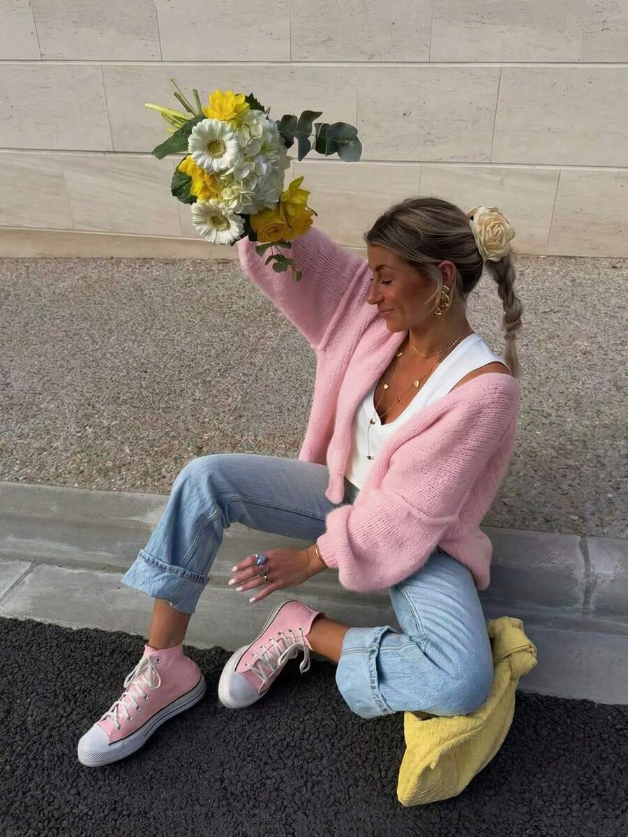 Vibrant Loose Off-Shoulder Design Casual Knit Cardigan, Energetic Style For Women In Autumn/Winter Pink - Pink - View 1