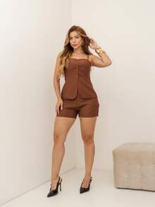 RAINBOW Set With Vest And Shorts Blouse With Button And Elasticated Waist Shorts With Zipper And Button Sizes M/L/XL 36-42 Tailored Plain Luistwill Casual Elegant Women's - 朱古力 - 查看 4