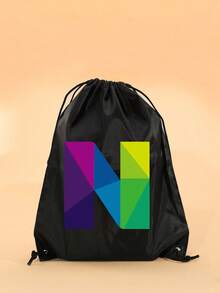 1pc Geometric Colorblock A-Z Letter Drawstring Backpack, Rainbow Letter Print Cinch Bag, Lightweight Sports Fitness Travel School Backpack - Black - View 6