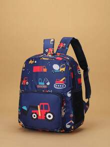 Cute Cartoon Excavator Printed Backpack, Random Print Placement - Deep Blue Excavator - View 2
