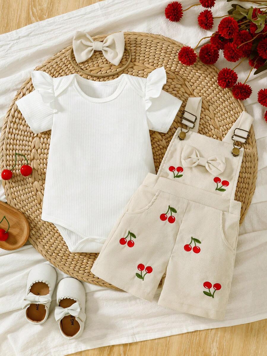 3pcs/Set Summer Baby Girls Floral Ruffled Sleeve Romper, Beige Cherry Embroidered Suspender Shorts And Matching Bow Headband - Multicolor - View 1