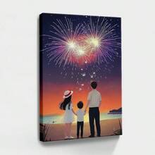 1pc Wrapped Framed Canvas Wall Art, Vintage Prints Poster, Valentine, Family On Beach, Fireworks Display, Night Sky - Modern, Painting, Warm Atmosphere, Illustrative Style, Perfect Gift Decor, Wall Art for Living Room Bedroom Office, Hanging Hardware Included - Wrapped Framed Canvas, Vertical - Lienzo enmarcado - Ver 1