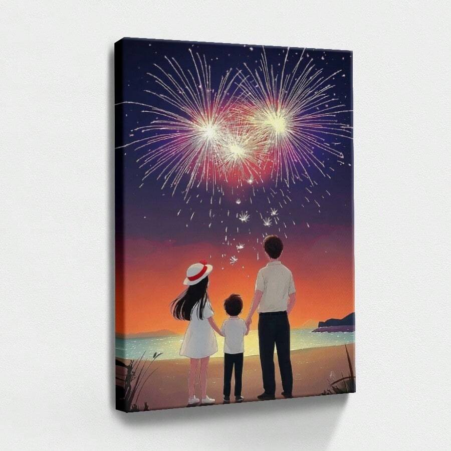 1pc Wrapped Framed Canvas Wall Art, Vintage Prints Poster, Valentine, Family On Beach, Fireworks Display, Night Sky - Modern, Painting, Warm Atmosphere, Illustrative Style, Perfect Gift Decor, Wall Art for Living Room Bedroom Office, Hanging Hardware Included - Wrapped Framed Canvas, Vertical - Lienzo enmarcado - Ver 1