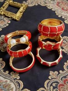 1件复古时尚优雅多功能红色珐琅滴落开口手镯，奢华高端女士珠宝配饰，百搭金色手镯，适合日常、派对和节日佩戴 - 紅色 - 查看 1