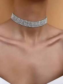 1件闪亮水晶多排个性化嘻哈晚宴水晶项链，派对短项链 - 銀色 - 查看 4