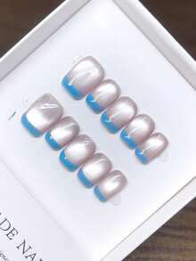 Handmade Pressed Nail Art, Short Square Shape, Hand-Painted Cat Eye Design, Elegant Minimalist Style, Full Coverage Fake Nails, Y2K Aesthetic, Unique Creative Artificial Nails, Suitable For Daily Wear, Cute & Fashionable, Ideal For Summer & Spring, Removable & Reusable, Suitable For Women's Parties And Evening Events - Multicolor - View 14