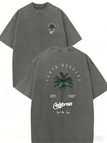 Men's Washed Print Graphic Tees-"Santa Barbara California" Palm Tree Groove Clothing 100% Pure Cotton Double-Sided Printed T-Shirt, Suitable For Men And Women, The Best Gift For Summer Casual Short Sleeved T-Shirt-Streetwear Y2K 100 Percent Cotton Tops, Gifts For Boyfriend And Husband - 軍綠色 - 查看 11